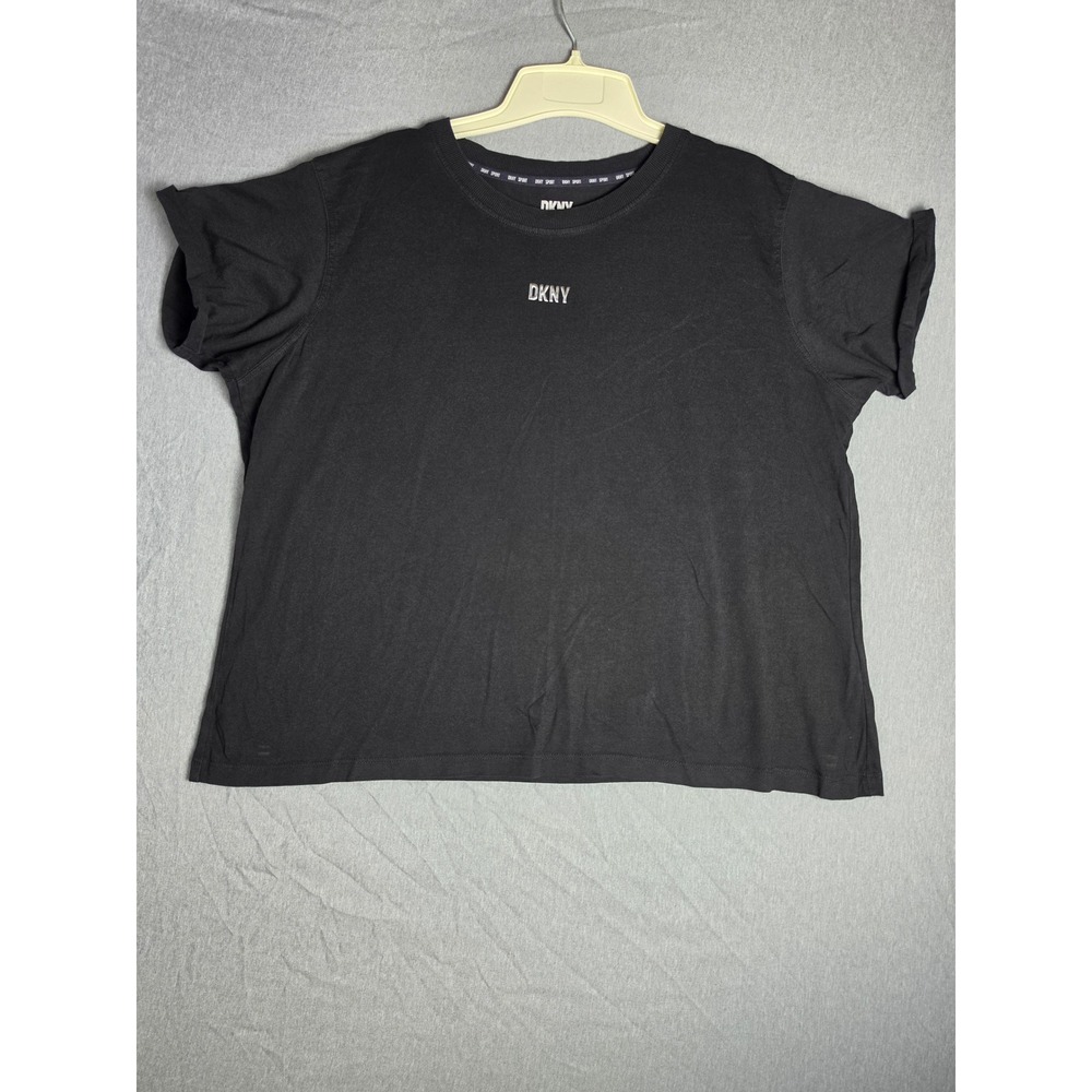 DKNY Sport Black Short Sleeve Logo T-Shirt Womens XL Cuffed Boxy Tee